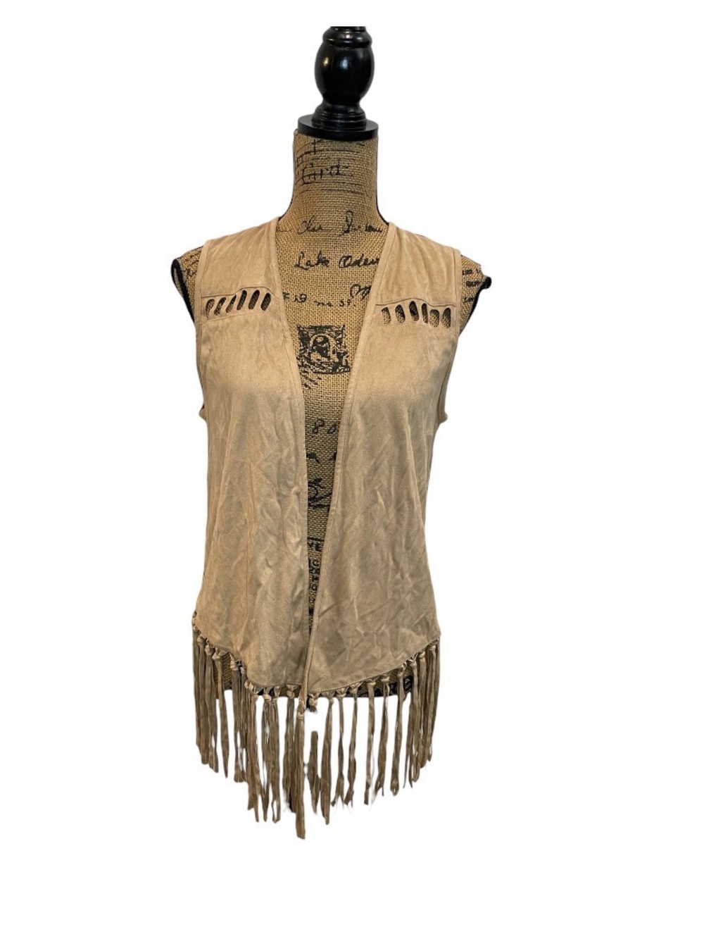 Fringed Suede-Look Open Taupe Vest